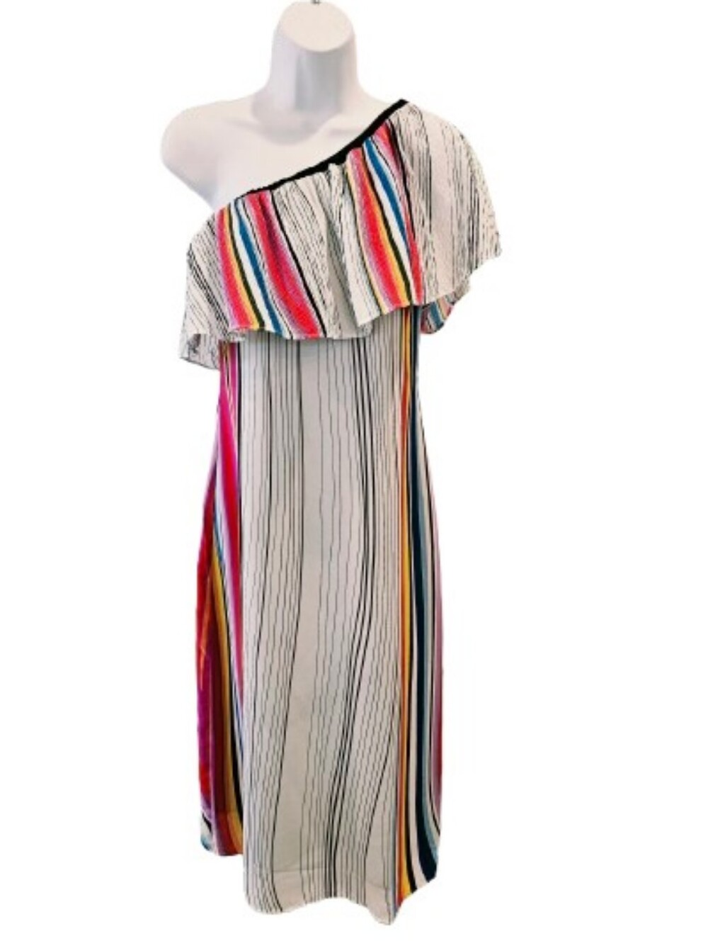 NWT Rachel Rachel Roy Rainbow Stripe One Shoulder Midi Dress Size S Colorful - Picture 2 of 11